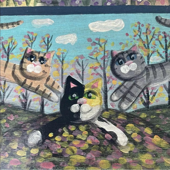 Hand Painted Cat Folk Art 4 Seasons Signed A D Foster On Wood Ready To Hang - Picture 8 of 12